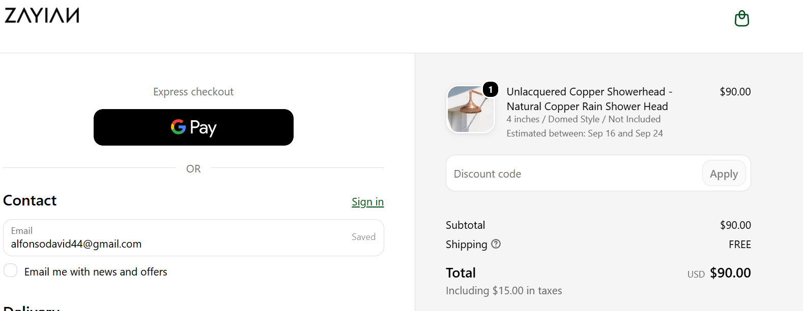 Zayian checkout page with the discount code box beside the order summary