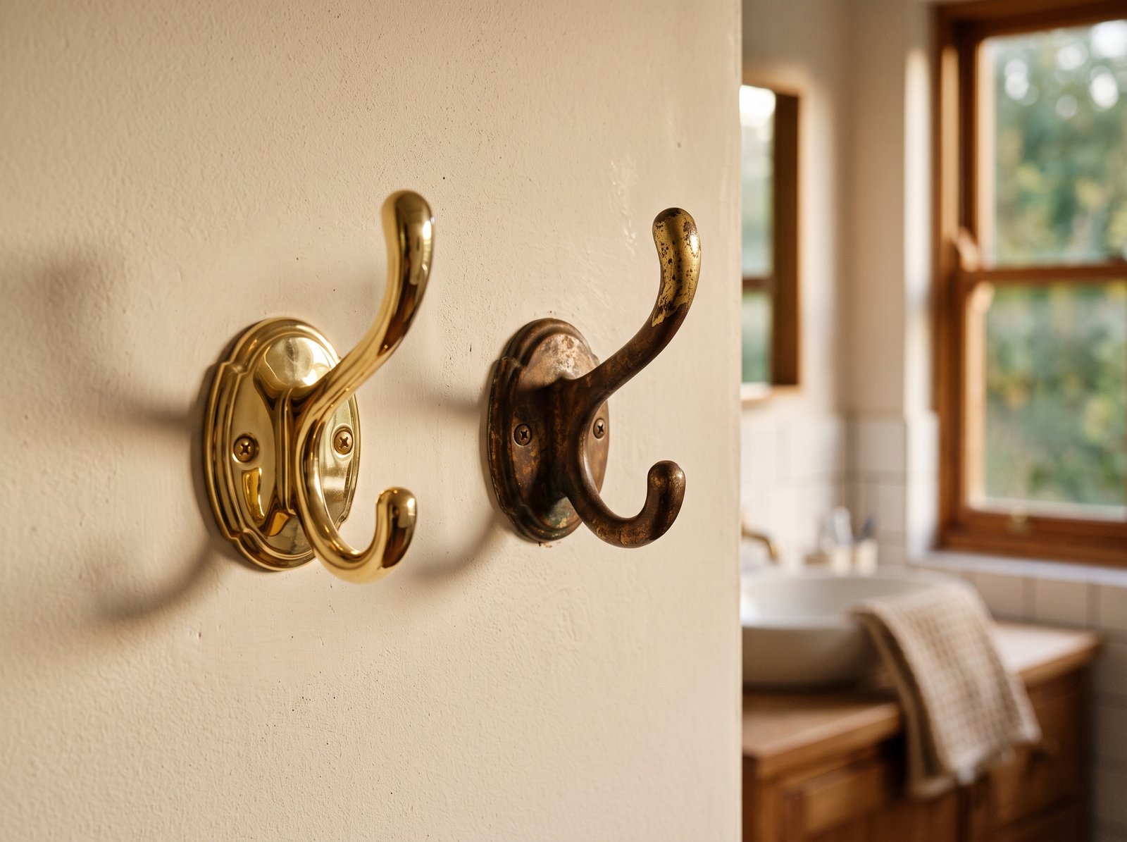 Two solid brass wall hooks side by side, one newly fitted and bright gold, the other with a settled brown patina