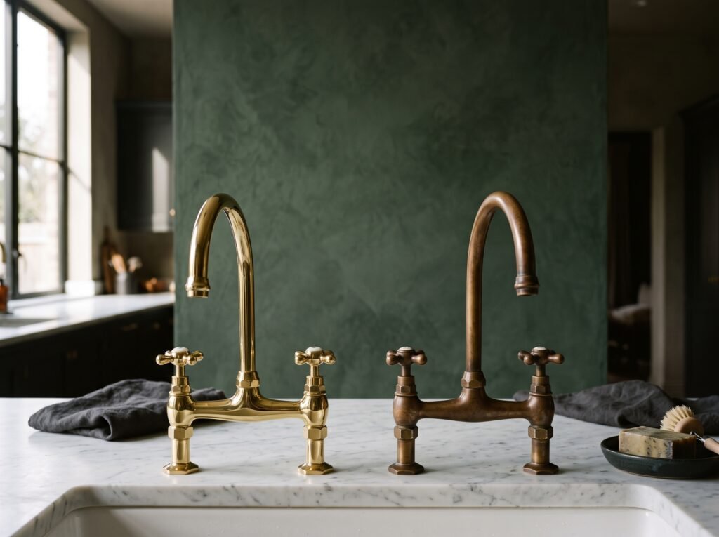 Two brass bridge faucets side by side, one bright and even, one with a warm uneven patina