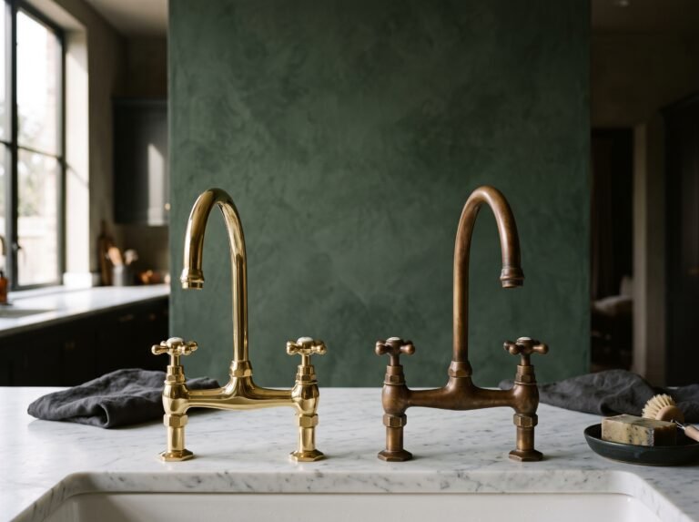 Two brass bridge faucets side by side, one bright and even, one with a warm uneven patina