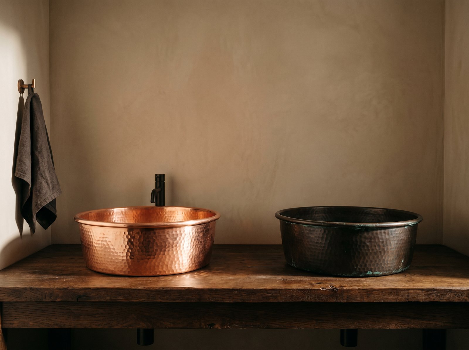 Two hammered copper basins side by side, one new and bright, one darkened with green patina