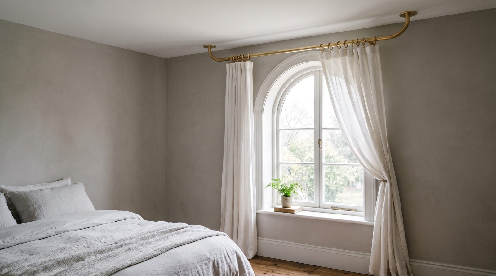 Ceiling mounted brass curtain rod curving up to round flanges above linen curtains beside an arched bedroom window