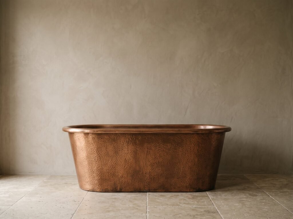 Freestanding copper bathtub against a warm plaster wall