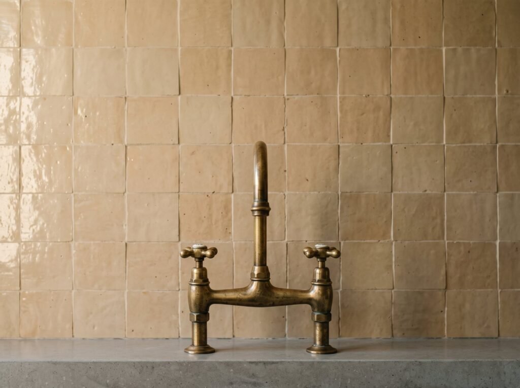 Unlacquered brass bridge faucet with cross handles against cream zellige tile