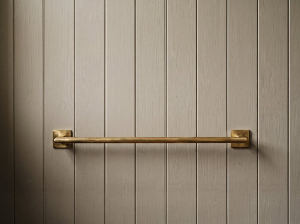 Unlacquered brass towel bar mounted on a cream panelled bathroom wall