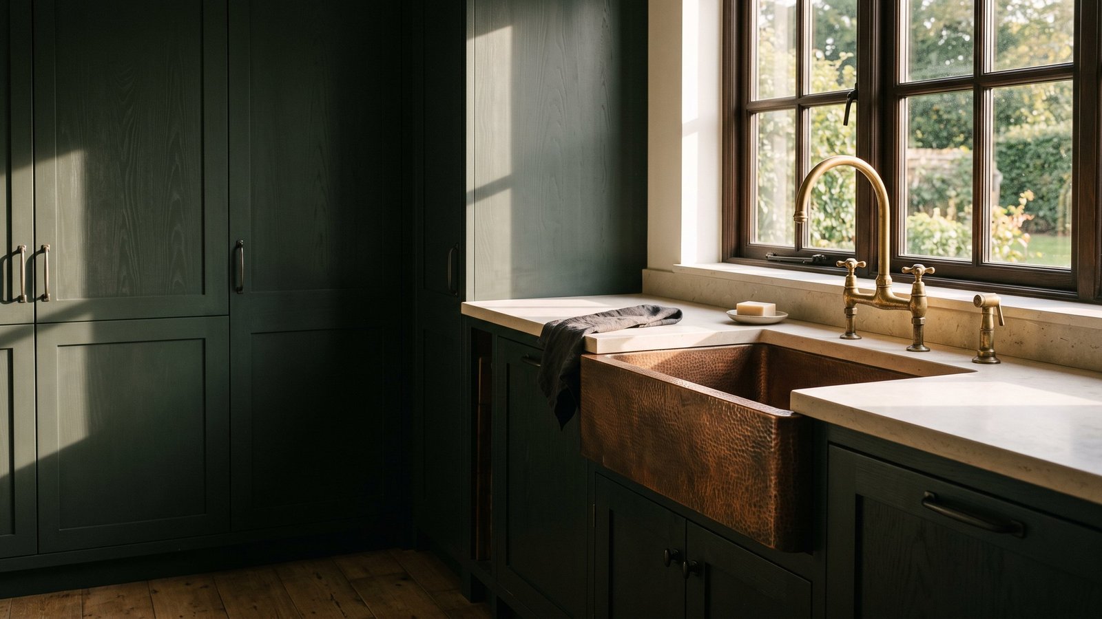Hammered copper farmhouse sink with an unlacquered brass bridge faucet in a dark green kitchen beside a sunlit window