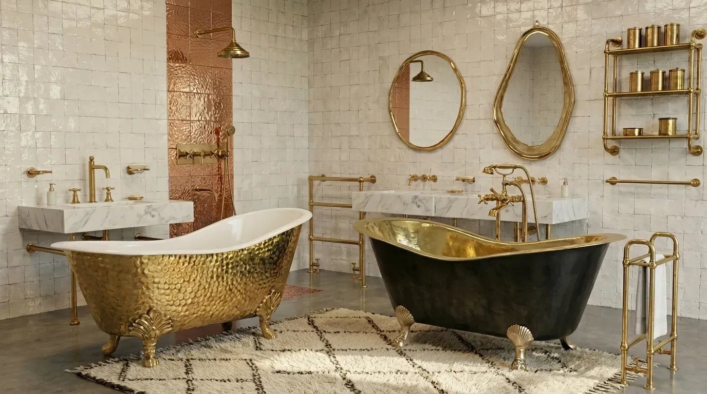Zayian bathroom with a hammered brass clawfoot bathtub, a black and brass soaking tub and brass fittings on white tile