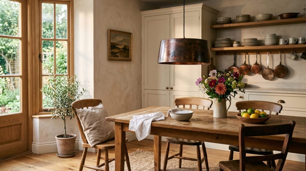 Aged copper pendant light hanging over a wooden kitchen table with a soft cloth folded beside it