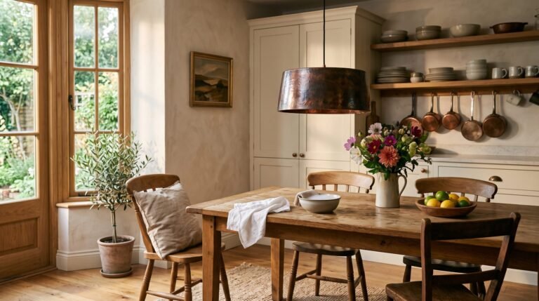 Aged copper pendant light hanging over a wooden kitchen table with a soft cloth folded beside it