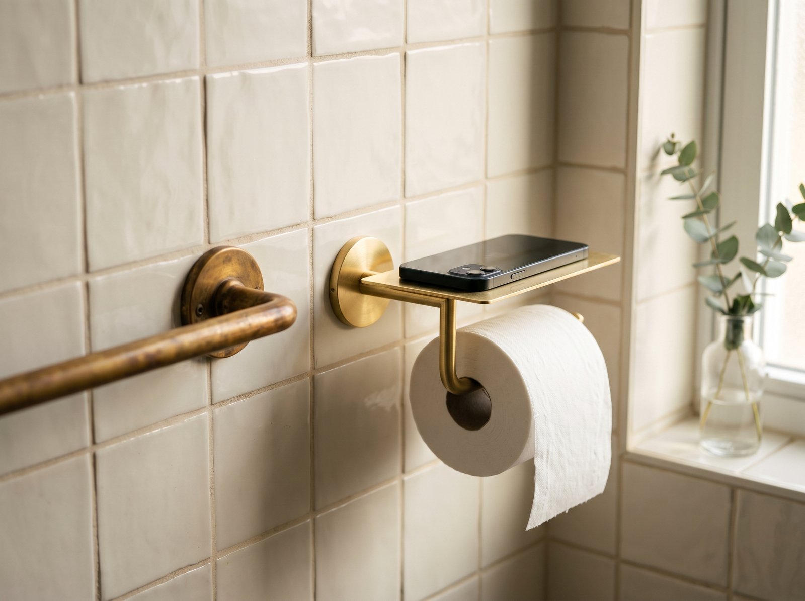 An aged brass towel bar beside a brighter brass toilet paper holder with a small shelf on a cream tiled bathroom wall